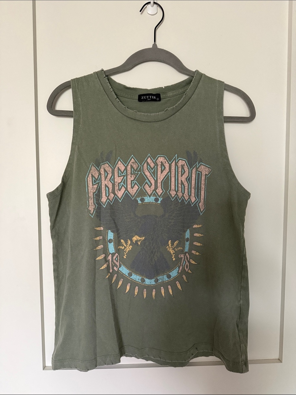 Zutter Free Spirit Olive Graphic Tank Top distressed neck line